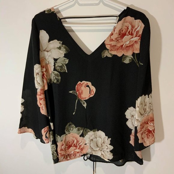 Dynamite Floral Blouse with Lace-Up Back - Picture 2 of 3